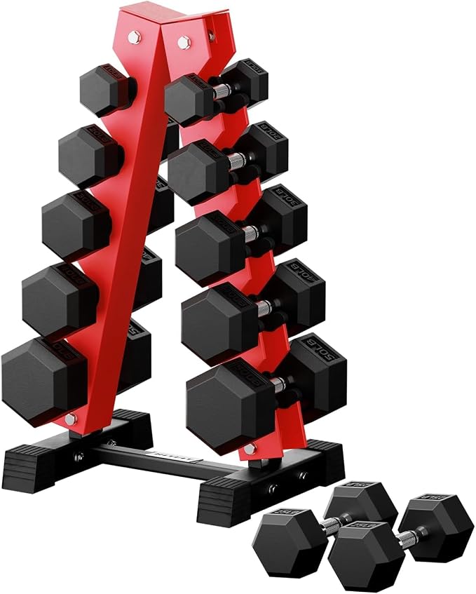 RitFit Rubber Hex Dumbbell Set with Storage Weight Rack | Rubber Heavy-Duty Coated Cast Iron, Knurled Chrome Handle, Space-Saving Storage for Home Gym Strength Training