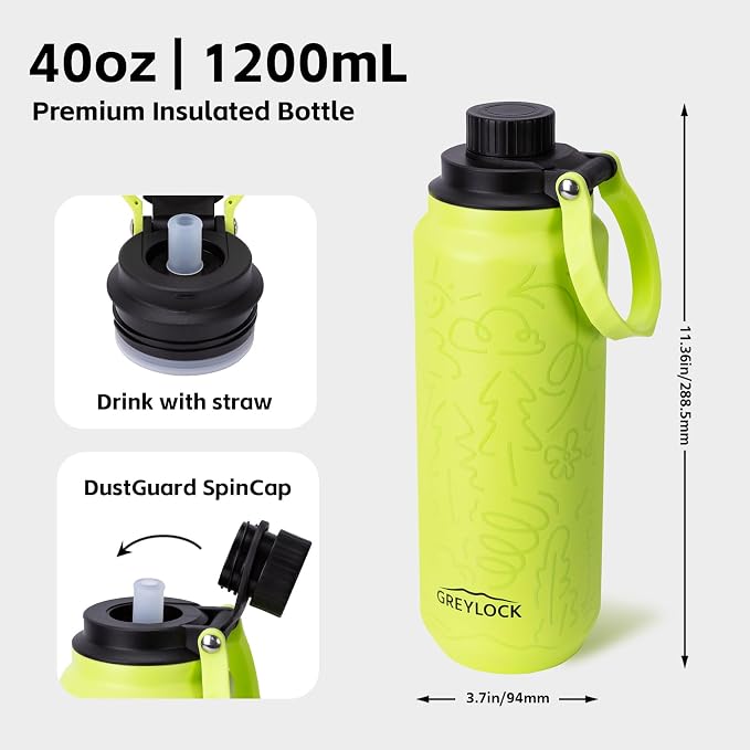 GREYLOCK 40 oz Insulated Water Bottle with Straw Lid, Leakproof Reusable Stainless Steel Vacuum Flask, 24hr Cold & Hot, Carry Handle & Silicone Spout, BPA-Free for Gym, Hiking, Travel,Blue