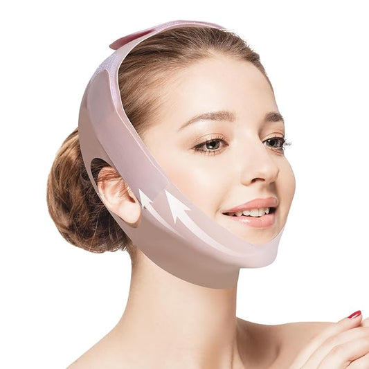 Jawline Shaper Chin Strap for Sleeping, Reusable V-Line Mask for Women Face Lifting Made w/Electric-Hot-Press Tech for Skin-Friendly & Breathable Cooling Fabric (Nude Pink, One Size)