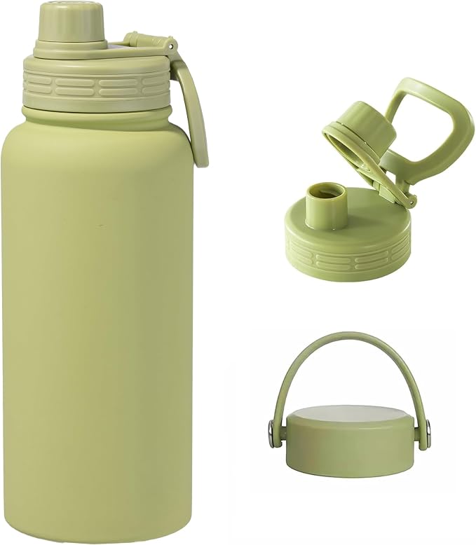 Green Insulated 32 oz Metal Leakproof Water Bottle | Mens Stainless Steel Water Flask, Large Sports Travel Water Bottle for Gym,Hiking,1 liters Thermal Bottle with 2 Lids