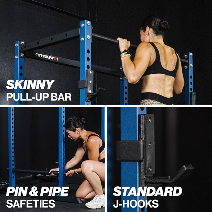Titan Fitness T-2 Series Short Power Rack, Skinny Pull Up Bar, Pin and Pipe Safeties, Standard J-Hooks, for Home Garage Gym Weightlifting and Strength Training