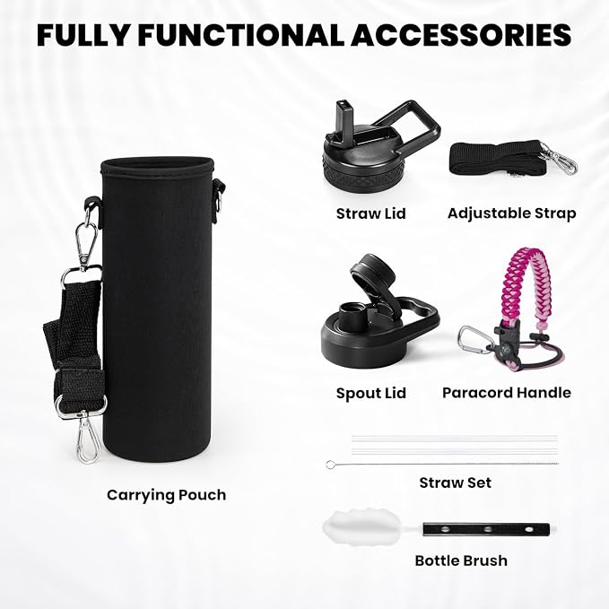 RAYMYLO Insulated Water Bottle 24 oz, Triple Wall Vacuum Stainless Steel | (Cold for 24Hrs, Hot for 12Hrs), Leak Proof & Non-BPA, Modern Water Flask Jug with Paracord Handle & Straw Spout Lids