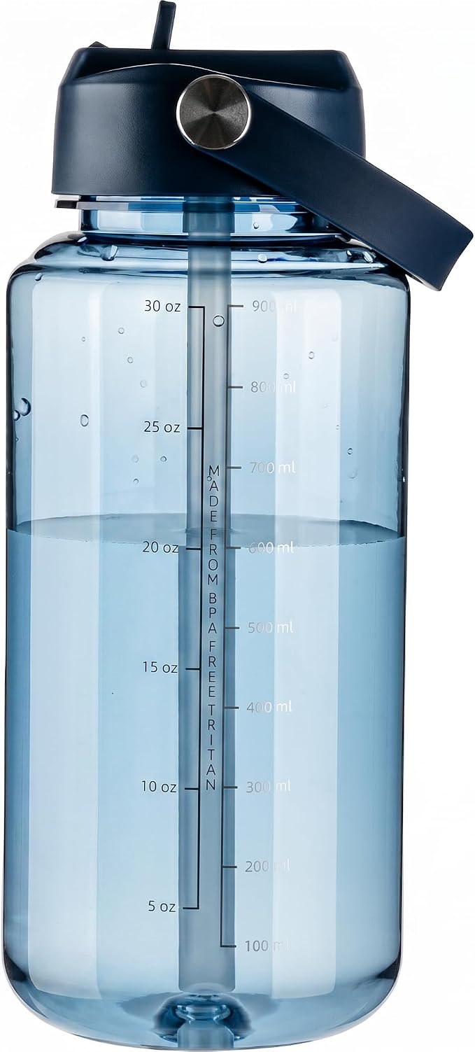OLDLEY 32oz Water Bottle with Straw,Leakproof Tritan Clear Bottle with Marked Bottle and Carry Handle, BPA-Free Wide Mouth Reusable Sports Bottle for Gym,Hiking,Camping,Travel,Workout,Deep Navy