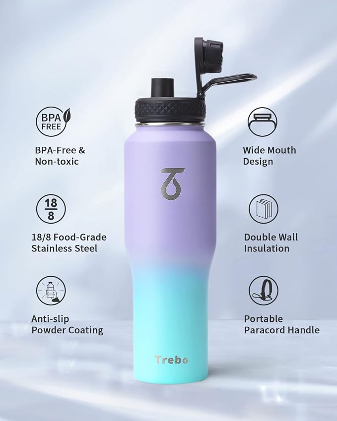 Trebo 32 oz Water Bottle Insulated Fits in Any Car Cup Holder with 2 Lids | Stainless Steel T-shape Tumbler with Paracord Handle, Triple Wall Vacuum Copper Plated, Cold 48 Hrs for Travel, Leakproof