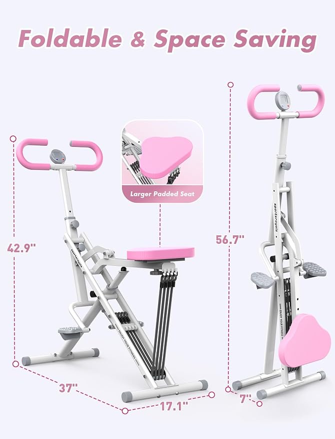 Sportsroyals Pink Squat Machine Rowing Machine for Home 2 in 1 Rower & Squat Assist Workout Foldable Rower for Home Full Body Worikout Adjustable 4 Resistance Bands 330lbs