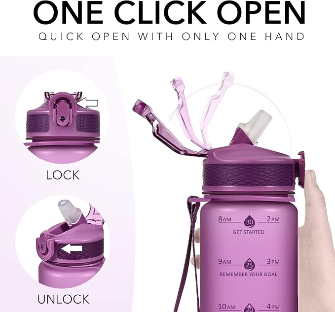 Hyeta Plastic Water Bottle With Straw & Time Marker, 32oz Leakproof Jug | Motivational Tritan BPA Free Gym Office Outdoor Intake Tracker Hourly Reminder Straw Lid Lightweight