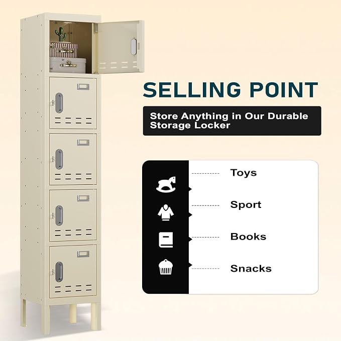 BUTISOW Metal Storage Locker with Lock & Card Slot - Secure Lockable Door - Steel Locker for School, Office, Gym, Home - 66.15" H x 11.8" W x 11.8" D - 5 Door - Beige