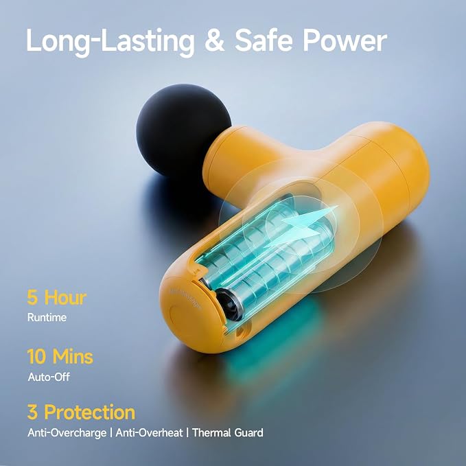 HEYCHY Super Mini Massage Gun Deep Tissue, Handheld Muscle Massager with 4 Heads, Percussion Travel Size Massager Gun FSA Eligible for Men Women Back Relief, Quiet for Home, Gym, Office, HSA, Yellow