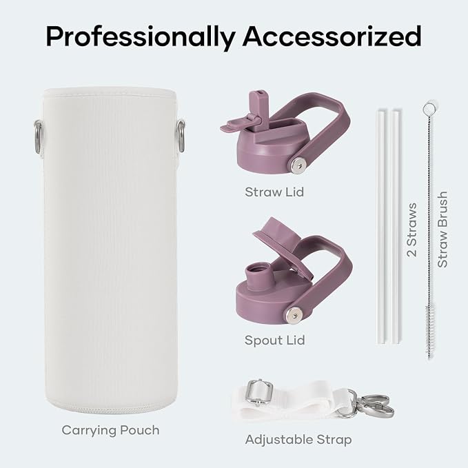 BUZIO 40 oz Insulated Water Bottle, Triple Wall Vacuum Stainless Steel Water Flask with 2 lids, Lead-Free BPA-Free Straw Lid Sports Canteen Jug, Cold 48H & Hot 24H, Starry Violet