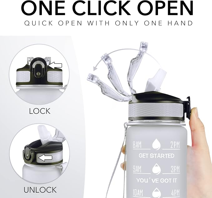Hyeta Water Bottle with Straw & Time Marker, Plastic 32oz Leakproof | Motivational Tritan BPA Free Gym Office Outdoor Intake Tracker Hourly Reminder Straw Lid Carry Strap