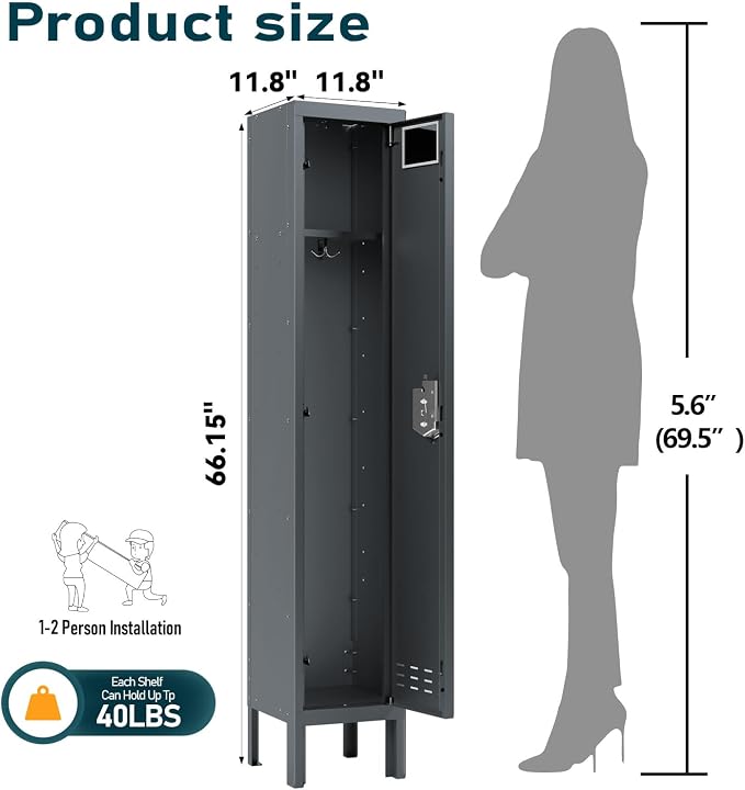 BUTISOW Metal Storage Locker with Lock & Card Slot Locker - Secure Lockable Door - Steel Locker for School, Office, Gym, Home - 66.15" H x 11.8" W x 11.8" D（1 Door, Grey）