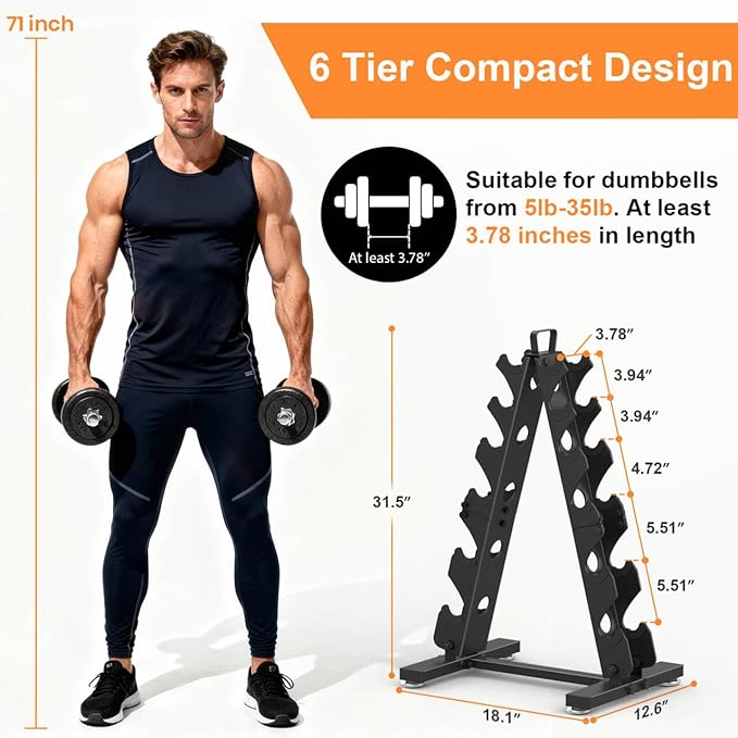 TomCare 6-Tier|5-Tier|4-Tier|2-Tier Dumbbell Rack Stand Only for Home Gym | Stable A-Frame, Fits 5–35 lb Dumbbells, Protective Padded Cradles, Adjustable Feet, Easy-Carry Handle (Stand Only)