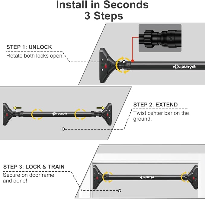 Adjustable Doorway Pull Up Bar No-Screw 440lbs | Fits 29.1-37.4in (74-95cm) door frames with 360° lock & foam pads + 2 spare pads. Home chin-up