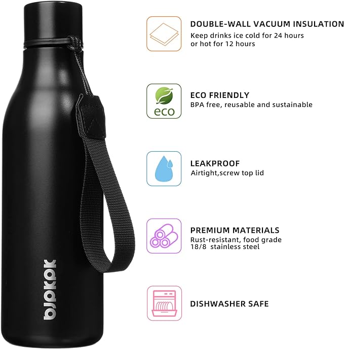 BJPKPK 18oz Insulated Water Bottle, Stainless Steel Bottle with Carry Strap