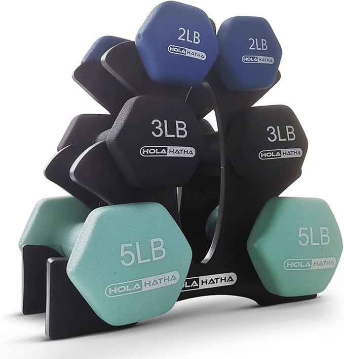 HolaHatha 1, 2 and 3 lb Neoprene Dumbbell Strength Training Weight Set with Rack