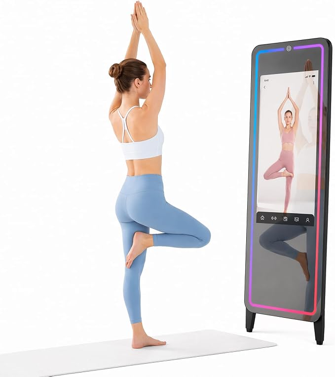 Smart Fitness Mirror for Home Gym Workout, 32" Touchscreen & Open System, No Subscription Fees, Support Fitness Apps, Wall Mount & Free Standing, Can be Used with Home Workout Equipment