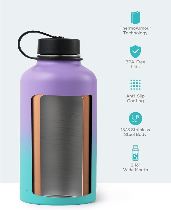 BUZIO 64 oz Insulated Stainless Steel Water Bottle with Dust-proof Lids | Half Gallon Water Jug (Dishwasher Safe), Cold for 48 Hrs, Triple Wall with Copper Plating, for Gym, Hiking, Camping, Black