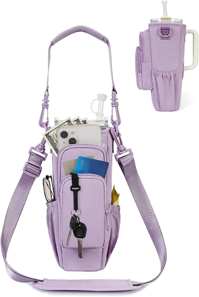 sportsnew 30/40oz Crossbody Water Bottle Holder Anti-Tip Tumbler Carrier | Lightweight Bottle Sling Fits Handled Tumbler w/ Phone Pocket, Adjustable Strap, Insulated Lining, Hands-free for Hiking Gym
