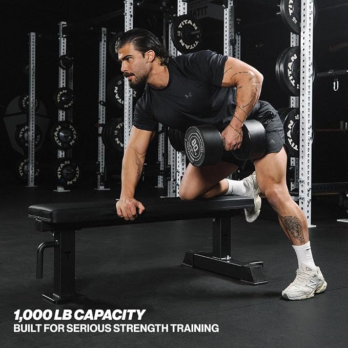 Titan Fitness Elite Series Single Post Flat Bench, Rated 1,000 LB, 2.5" Thick HeftyGrip Vinyl Pad, Dedicated Home Gym Competition Weightlifting & Strength Training Utility Bench