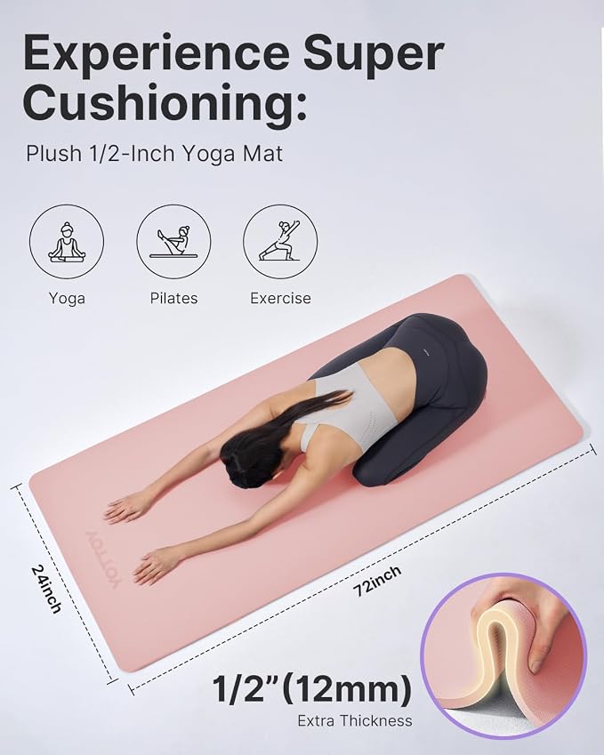YOTTOY Yoga Mat，Extra Thick Yoga Mat (1/2inch),Professional TPE Exercise Mat,Non-Slip Workout Mat for Yoga, Pilates, Fitness, Barefoot Workouts, Home Gym Studio with Strap
