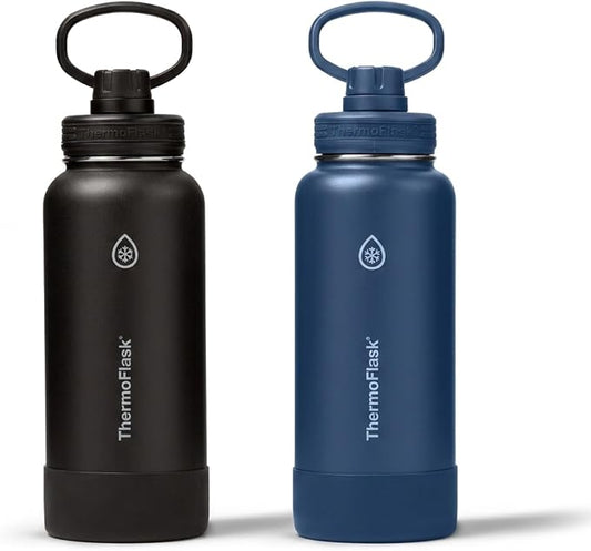 ThermoFlask Insulated Water Bottles, Spout Lid, 2-Pk, 32 oz, Black/Blue