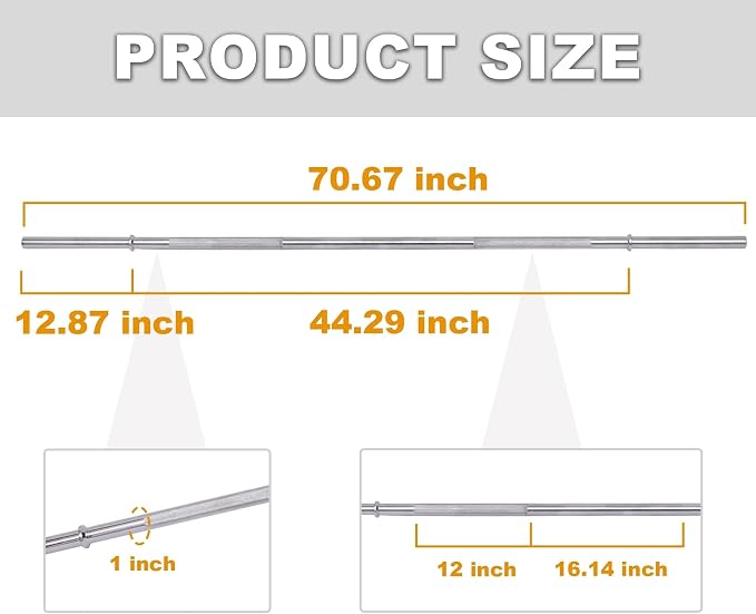 Available in 5FT and 7FT, Straight Barbell Bar, 1-Inch Standard Diameter, Alloy Steel, Black Finish, 300LBS Weight Capacity, Chrome Surface, Diamond Knurling, Anti-Skid Grip,