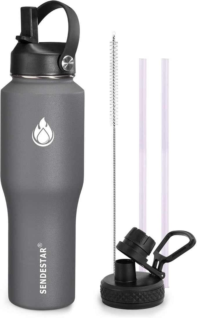 SENDESTAR Water Bottle 32oz,2 Lids(Straw lid),Wide Mouth Stainless Steel Vacuum Insulated Double Wall Keep Liquids Cold or Hot All Day,Sweat Proof Sport Design,Fit Car Cup Holder(Dark Gray)