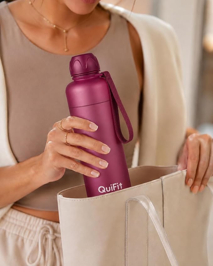 Slim Water Bottle 32 OZ with Stainless Steel Lid, Dishwasher Safe 1 Liter Plastic Water Bottle BPA-Free, Leakproof Lightweight with Time Marker, Reusable for Running School Sport Gym Travel Hiking