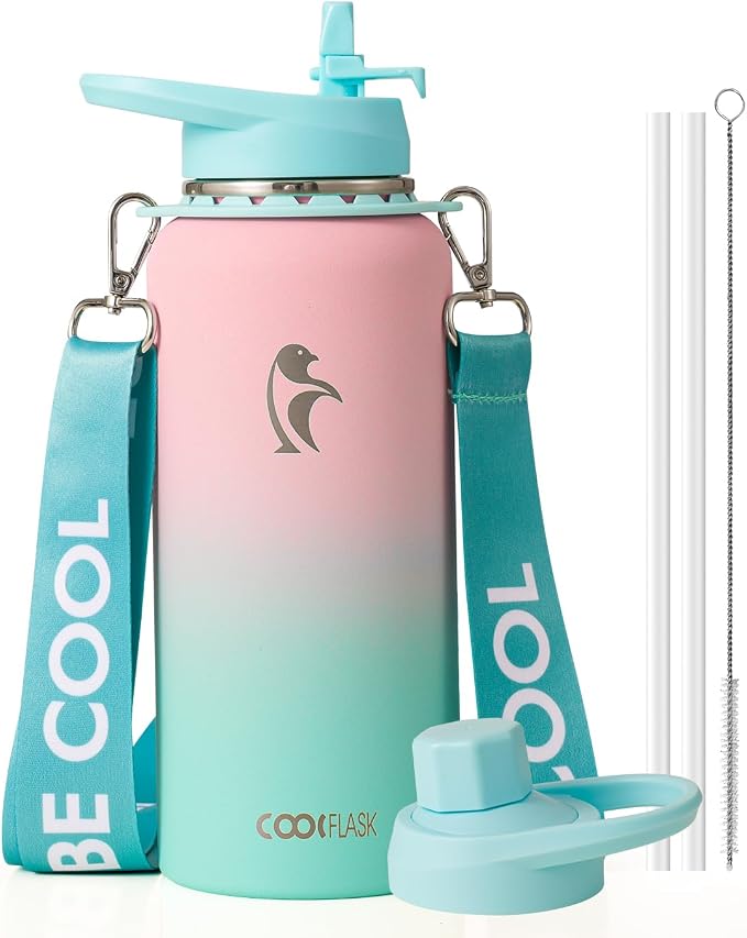 Coolflask 32 oz Water Bottle Insulated Stainless Steel with Strap | Metal Water Flask with Straw & Spout Lids, Triple-Wall, Cold 48+h, Dishwasher Safe, Leakproof, BPA-Free, for Gym & Hiking