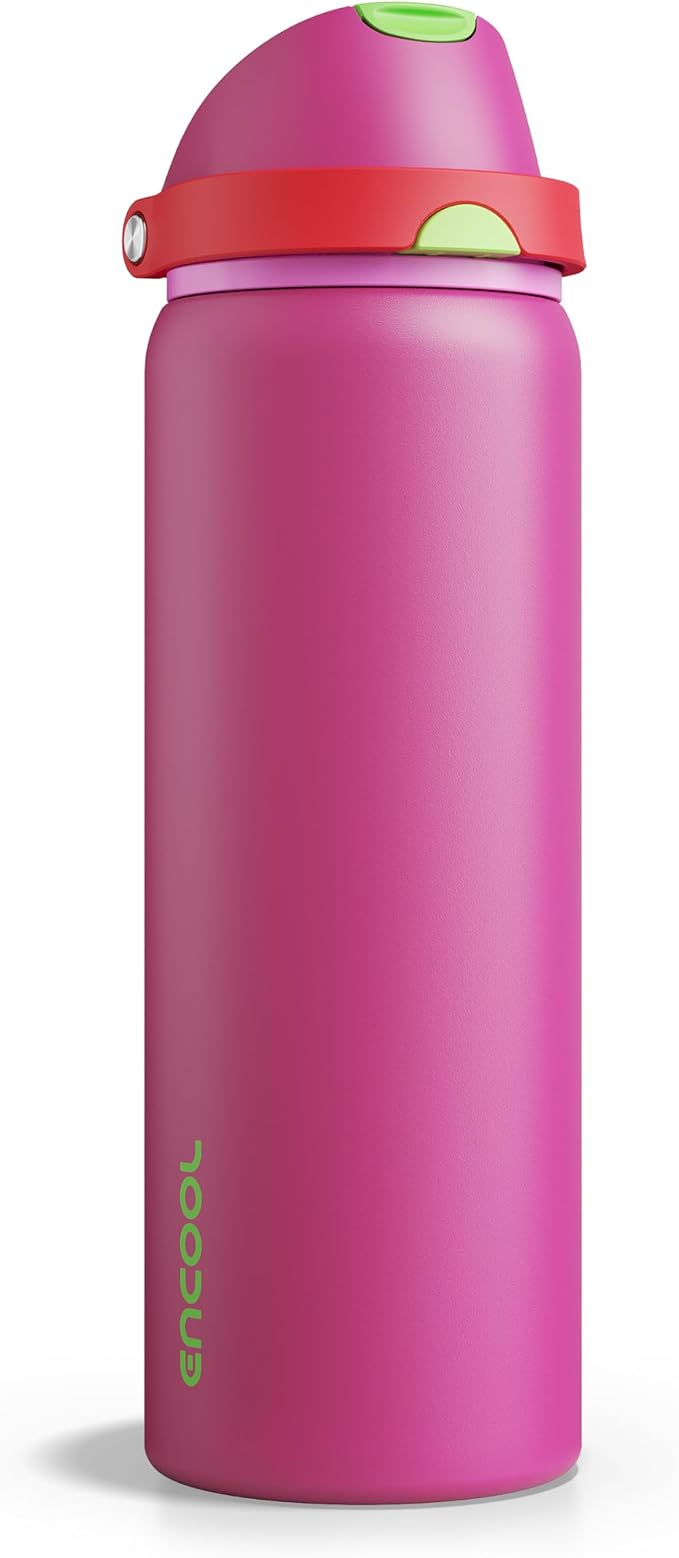 Insulated Water Bottle with Straw - Encool Stainless Steel Water Bottle with Push Button Lid, Leak-Proof & BPA-Free, Keeps Cold for 24 Hours for Sports, Travel, Gym (32 oz, Cerise Pink)