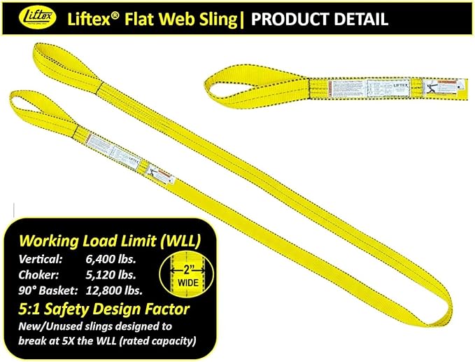 LIFTEX® - Trusted Since 1955 | Polyester Flat Eye Lifting Sling | 1-4" Widths, 3-30' Lengths, 2-Ply | Lifting Rigging Moving Hoisting Straps (2" 2-Ply Flat Eye | 6400 lbs Vertical, 3 FEET)