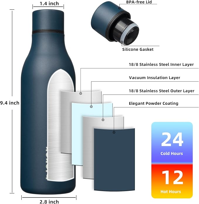 BJPKPK 18oz Insulated Water Bottle, Stainless Steel Bottle with Carry Strap | Keep Cold & Hot Vacuum Insulation, Leak-Proof BPA-Free Design, Slim Bottle Fits Most Cup Holders for Gym, Office & Travel