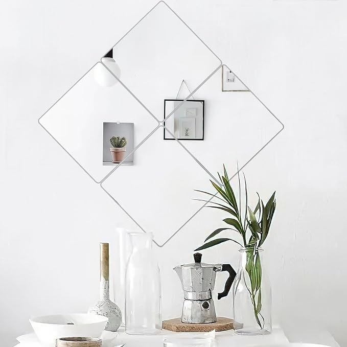 JUNEBRUSHS 4 Pack Self Adhesive Acrylic Mirror, 12X 12 Inch Mirror Tiles,Flexible Plastic Mirrors Sheets Wall Stickers,2MM Thick Mirrors,Frameless Small Mirror