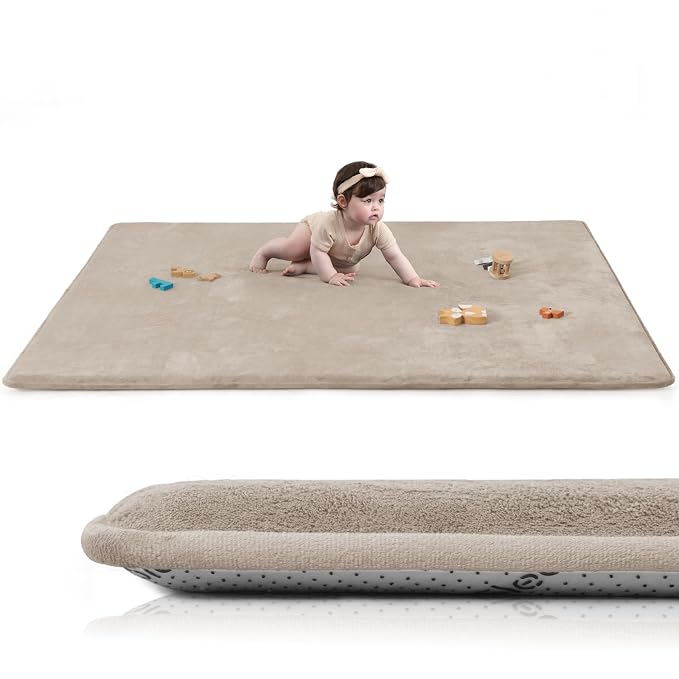 Extra Large 79"×158" Baby Play Mat for Floor,1.3" Thick Elasti Foam Playroom Mat for Toddler,Infant,Kids,Ultra Soft Velvet Classroom Rug,Non Slip Backing Safe for Crawling&Tummy Time(Beige)