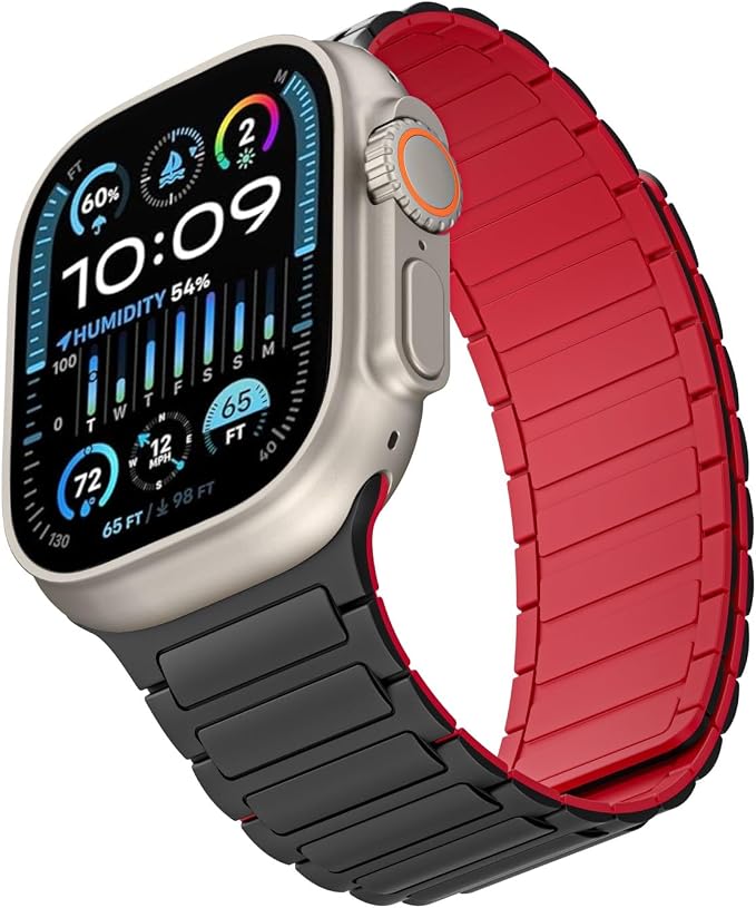 Magnetic Band Compatible with Apple Watch Ultra 3/2/1 Band for Men 38mm 40mm 41mm 42mm, Silicone Sport Waterproof Loop Strap Magnet Link for iWatch Series SE 11 10 9 8 7 6 5 4 3 2 1(BlackRed)