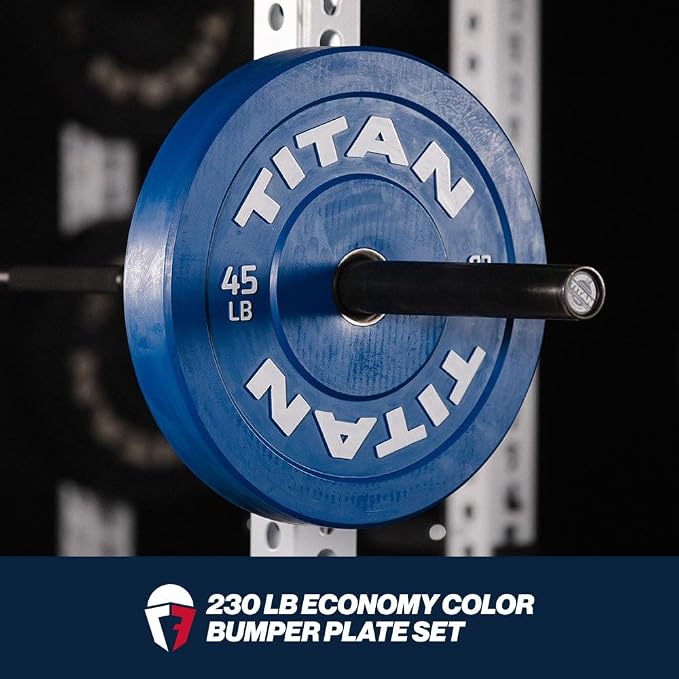 Titan Fitness Economy Olympic Bumper Plates, Color-Coded by IWF Standards, Low Bounce Rubber with Steel Insert, Weightlifting and Strength Training, Barbell Weight Set