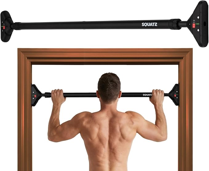 Squatz Doorway Pull Up Bar, Adjustable Door Frame Pull Up Bar with Level Meter, Locking Mechanism & Foam Grips, No Drill Chin Up Bar for Door Frame, Portable Design for Home Workouts