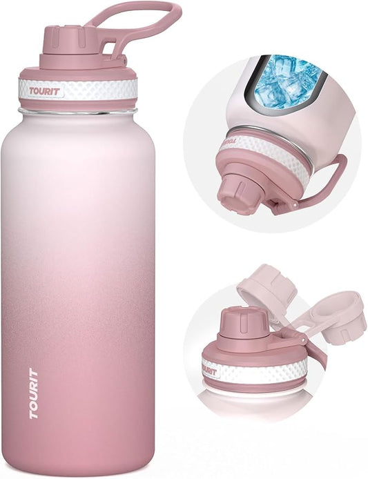 TOURIT 32 oz Insulated Stainless Steel Water Bottles, Rose red | Double-wall vacuum thermal flask with top handle, leakproof & BPA-free design for sports, gym, hiking & travel use