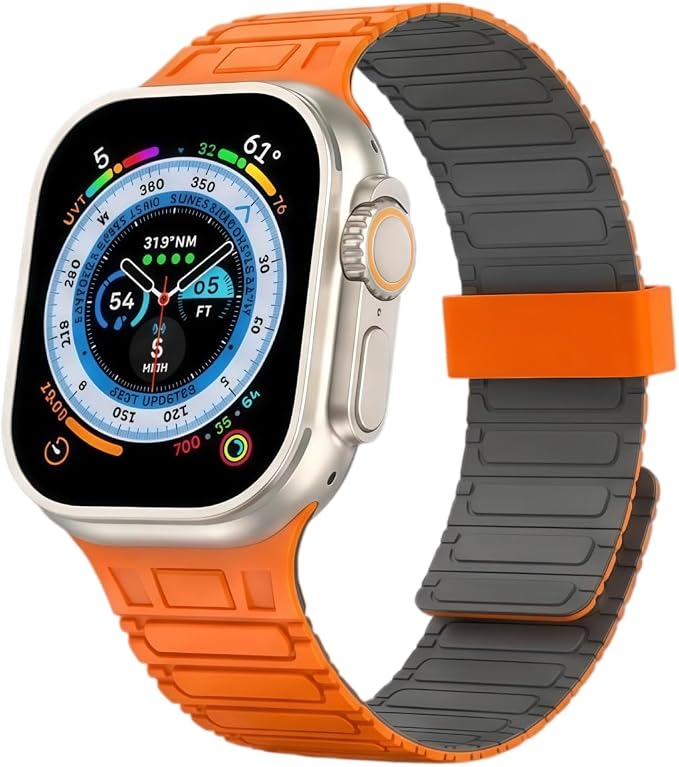 Magnetic Band Compatible with Apple Watch Ultra 3/2/1 Band for Men 49mm 46mm 45mm 44mm 42mm, Silicone Sport Waterproof Loop Strap Magnet Link for iWatch Series SE 11 10 9 8 7 6 5 4 3 2 1(OrangeGrey)