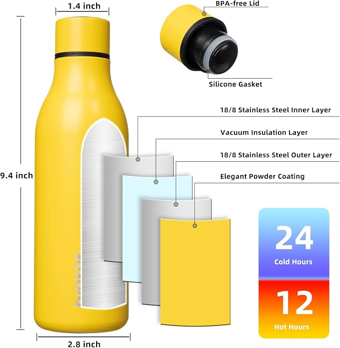 BJPKPK 18oz Insulated Water Bottle, Stainless Steel Bottle with Carry Strap | Keep Cold & Hot Vacuum Insulation, Leak-Proof BPA-Free Design, Slim Bottle Fits Most Cup Holders for Gym, Office & Travel