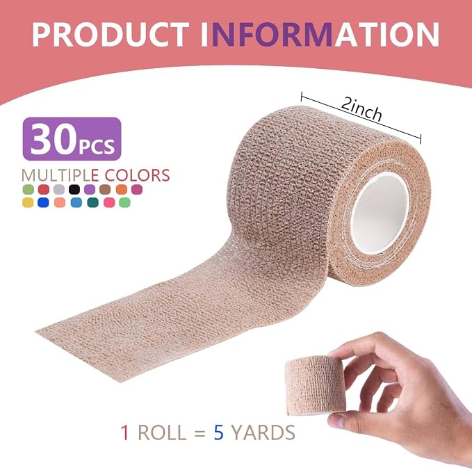 KISEER 30 Pack 2 Inch x 5 Yards Colorful Self Adhesive Bandage Breathable Cohesive Bandage Wrap Rolls Elastic Self-Adherent Tape for Stretch Athletic, Sports, Wrist, Ankle