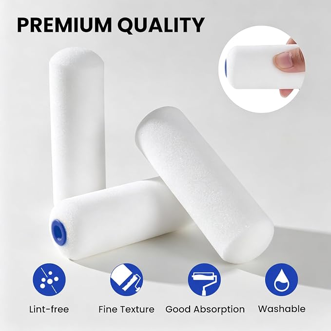 Mister Rui 4 Inch Foam Paint Roller Covers, 10-Pack for Cabinets & Doors | High-Density Foam for Smooth Finish on Furniture, Trim and DIY Projects. Works with Oil and Water-Based Paints