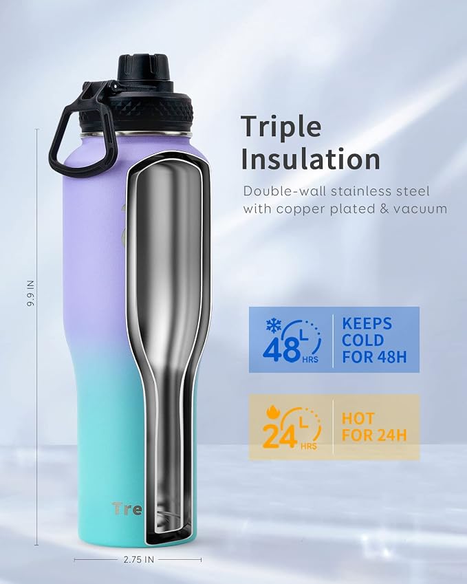 Trebo 32 oz Water Bottle Insulated Fits in Any Car Cup Holder with 2 Lids | Stainless Steel T-shape Tumbler with Paracord Handle, Triple Wall Vacuum Copper Plated, Cold 48 Hrs for Travel, Leakproof
