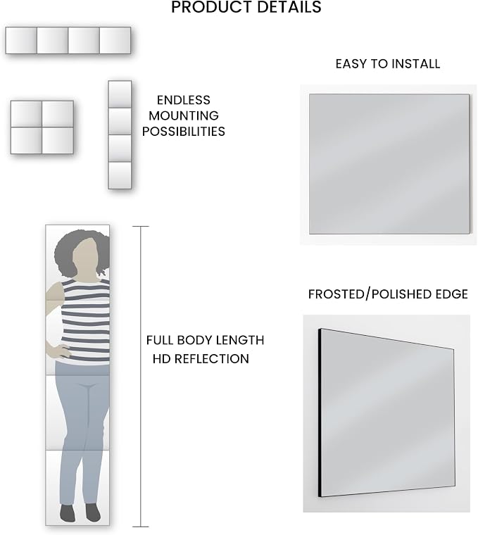 Wall Mirrors, 14''x 12'' Glass Wall Mirror Tiles (16 PCS), Large Full Body Mirror for Home Gym, Bedroom, Door, Bathroom, Frameless Mirror Tiles (Glass - 14'' x 12'' - 16PCS)
