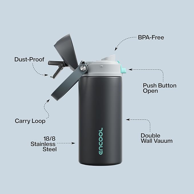 Insulated Water Bottle with Straw - Encool Stainless Steel Water Bottle with Push Button Lid, Leak-Proof & BPA-Free, Keeps Cold for 24 Hours for Sports, Travel, Gym (18 oz, Tuna Grey-Green)