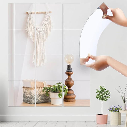 18Pack Self Adhesive Acrylic Mirrors, 8 x 8 Inch Mirror Tiles Decor | JUNEBRUSHS Frameless Over Door Mirrors, Sheets Wall Stickers for Wall Mounted Make Up Gym Dressing