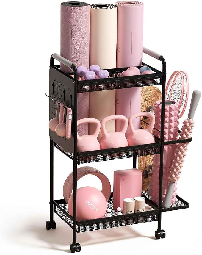 YOTTOY 3-Tier Gym Storage Rack for Home Gym–Multi-Functional Weight Rack, Dumbbell Rack, Yoga Mat Holder with Side Basket & 6 Hooks, Gym Equipment Organizer