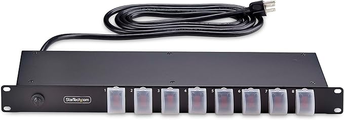 StarTech 8-Outlet 1U Switched PDU, 15A, TAA, 125V (8NS8-RACK-MOUNT-PDU) | Horizontal rack mount power strip, Outlet on/off switches, 15A breaker, 8ft/2.4m cord, NEMA 5-15, Illuminated rockers