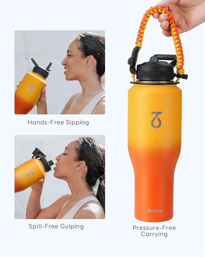 Trebo 40 oz Water Bottle Insulated Fit in Any Car Cup Holder with 2 Lids | Stainless Steel T-shape Tumbler with Paracord Handle, Triple Wall Vacuum Copper Plated, Cold 48 Hrs for Travel, Wide Mouth