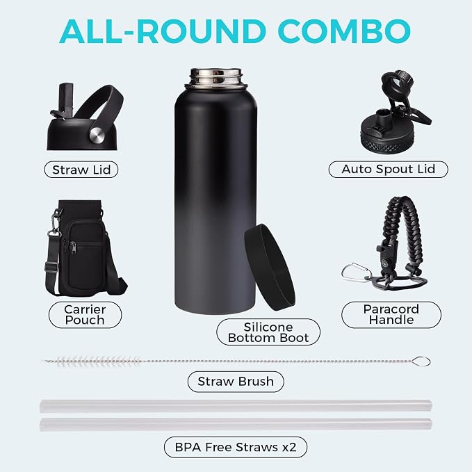 40 oz Water Bottles Insulated - Wide Mouth Stainless Steel Water Bottle with Straw, Spout Lid, Paracord Handle, Carrier Bag, Protective Boot, Metal Water Jug Keep Cold 48H Hot 24H, Hydro Mug Flask